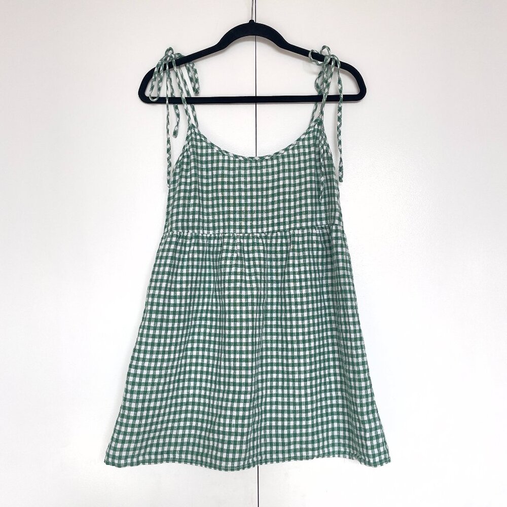 Reformation | Green & white gingham plaid linen babydoll mini dress | Size XS